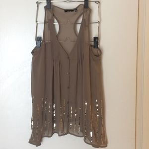 Taupe w/ Gold Sequin High-low Blouse